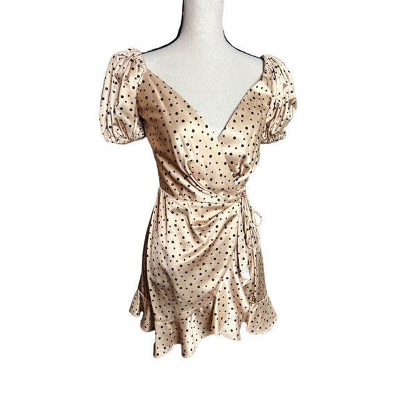 Significant Other Dress Womens 2 Nyssa Polka Dot Mini Wrap Beige Black Ruffle - Picture 5 of 7